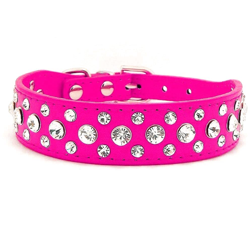 haoyueer Bling Rhinestone PU Leather Crystal Diamond Pet Dog Cat Puppy Collar S M L XL (XL, Hot Pink)