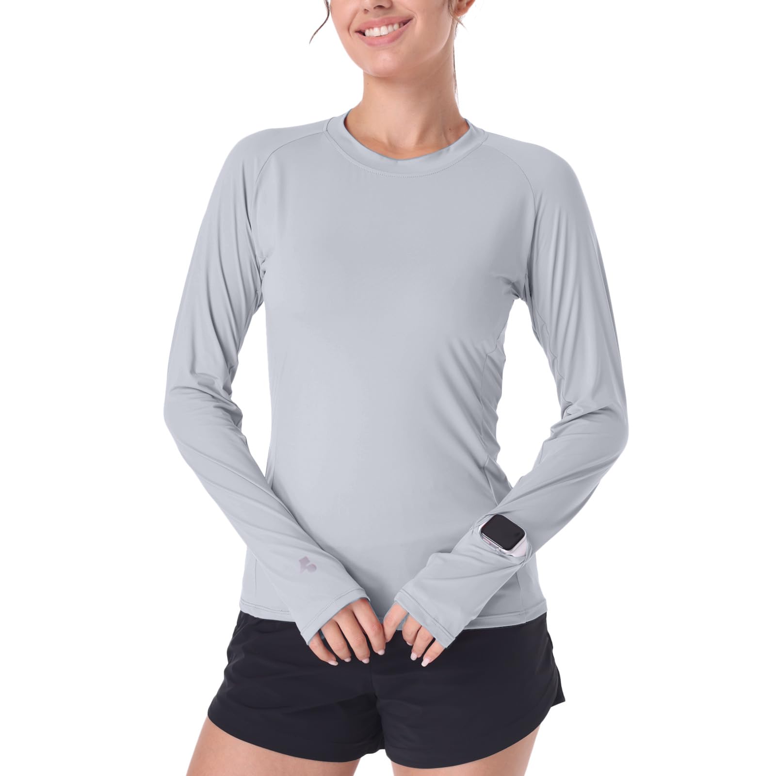 Photo 1 of Womens Long Sleeve Sun Shirt Lightweight Uv Blocking Rash Guard Sunscreen Top SPF Protection Upf50+ Clothing with Thumb Hole Grey L