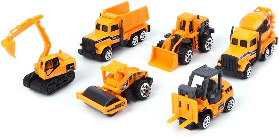 jigang Mini Plastic Alloy Construction Car Diecast Trucks Classic Engineering Car Model Toys Bulldozer,Unloader,Excavator,Forklift,Roller,Tanker For Kids Children Boys Birthday Xmas Gift - Set/6pcs