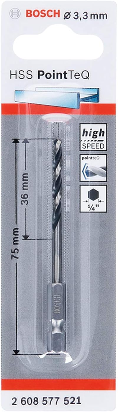 Bosch PointTeQ Hex Drill Bit 3.3 mm for Metal 75 mm 1/4 In Hex Shank