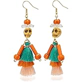 Halloween Skeleton Earrings - Colorful Beaded Pumpkin Tassel Drop Earrings for Women - Unique Handmade Jewelry for Costume Parties (Skull earrings)