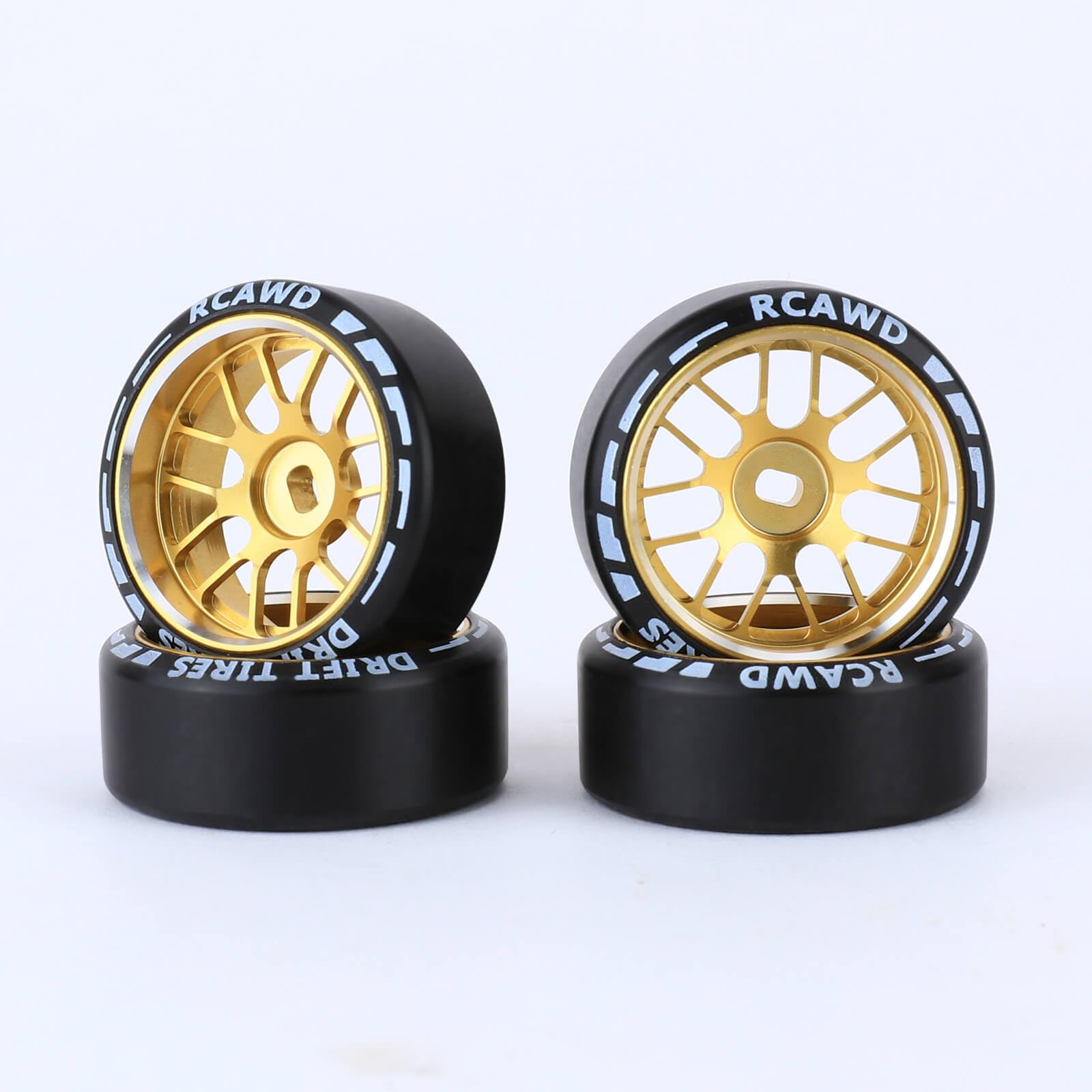 RCAWD 1/28 Drift Wheel Tire Set, 27mm Glue-Free Smooth Tires with CNC Aluminum Rims for Mini-Z AWD Mini-Q Wltoys XRX BZ IW04M IW05 IW06, 4PCS (27×11×20MM) (Yellow)