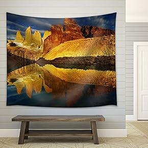 Towers with Reflection at Sunrise, Torres Del Paine National Park, Patagonia, Chile - Fabric Wall Tapestry Home Decor - 51x60 inches