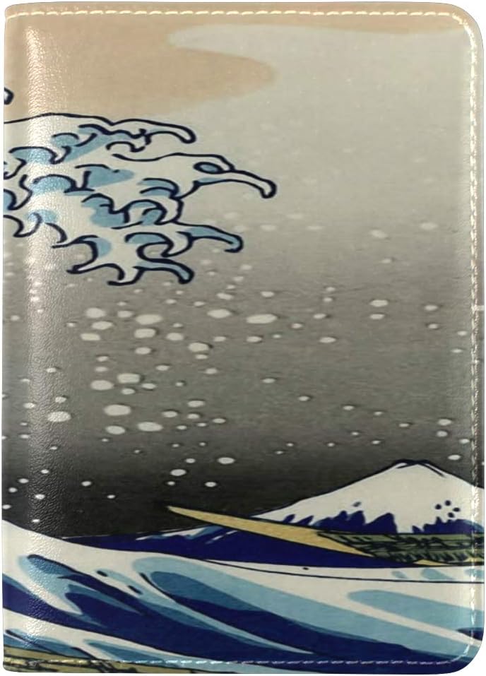 Japan Katsushika Hokusai Great Wave Mount Fuji Leather USA Passport Holder Cover Travel Wallet Case Protector