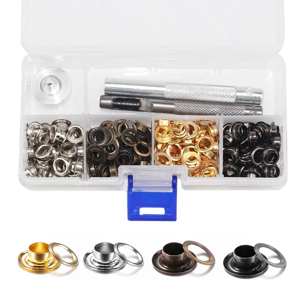 Gasea 200 Sets Grommets Kit, 1/4" (6mm) Inside Diameter Metal Eyelets with 3pcs Installation Tools, Copper Grommet Set for Clothes, Shoes, Bags, Canvas, Crafts & DIY (4 Colours)