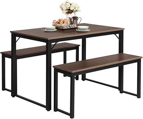 Vivohome 47 2 Inch 3 Piece Industrial Style Metal And Mdf Board Rectangular Dining Table Furniture Set For 4 With 2 Benches For Home Kitchen Cafeteria Rustic Brown Dining Room Furniture Home Urbytus Com