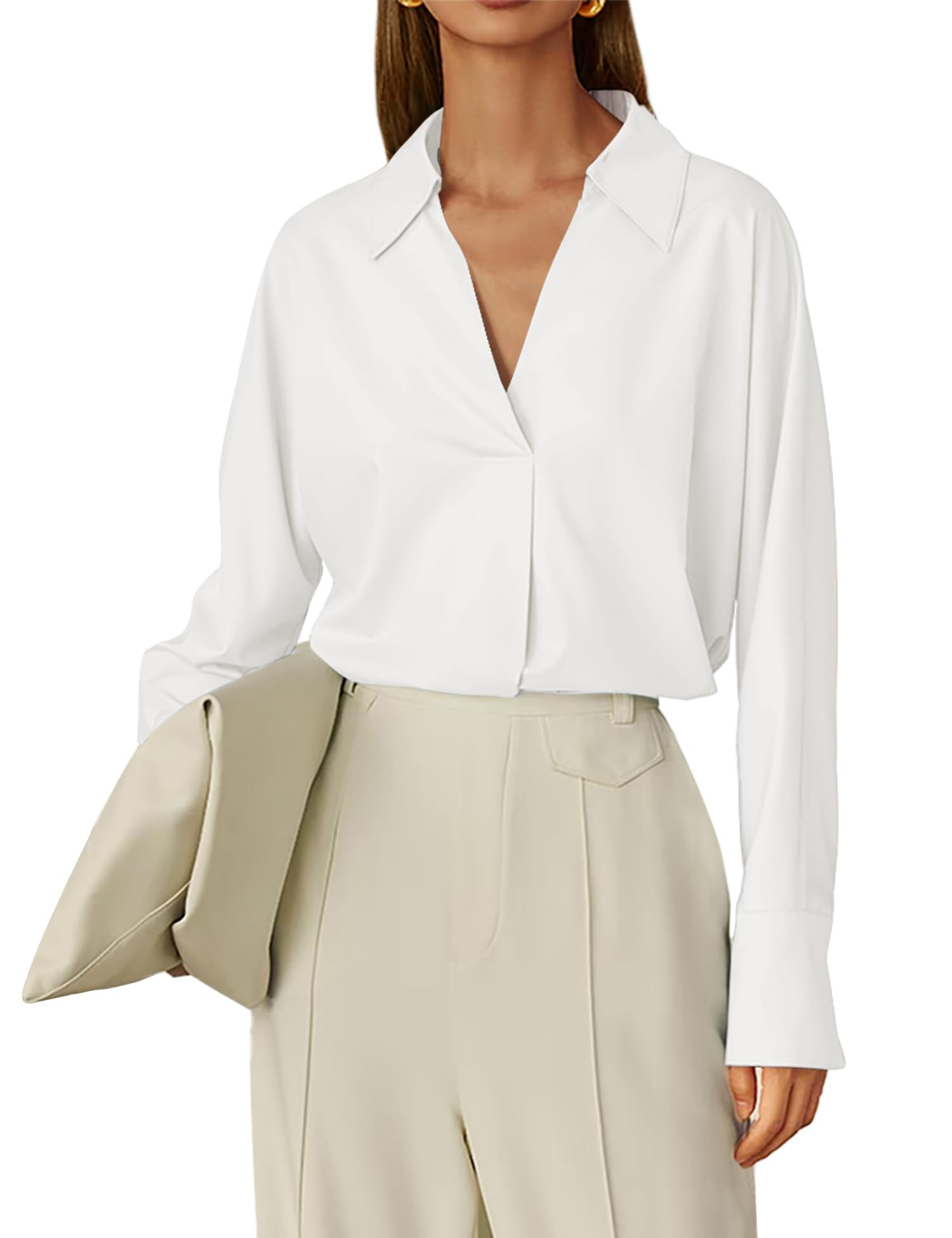 Prettywear Women's Long Sleeve White Blouse Dressy V Neck Work Business ...