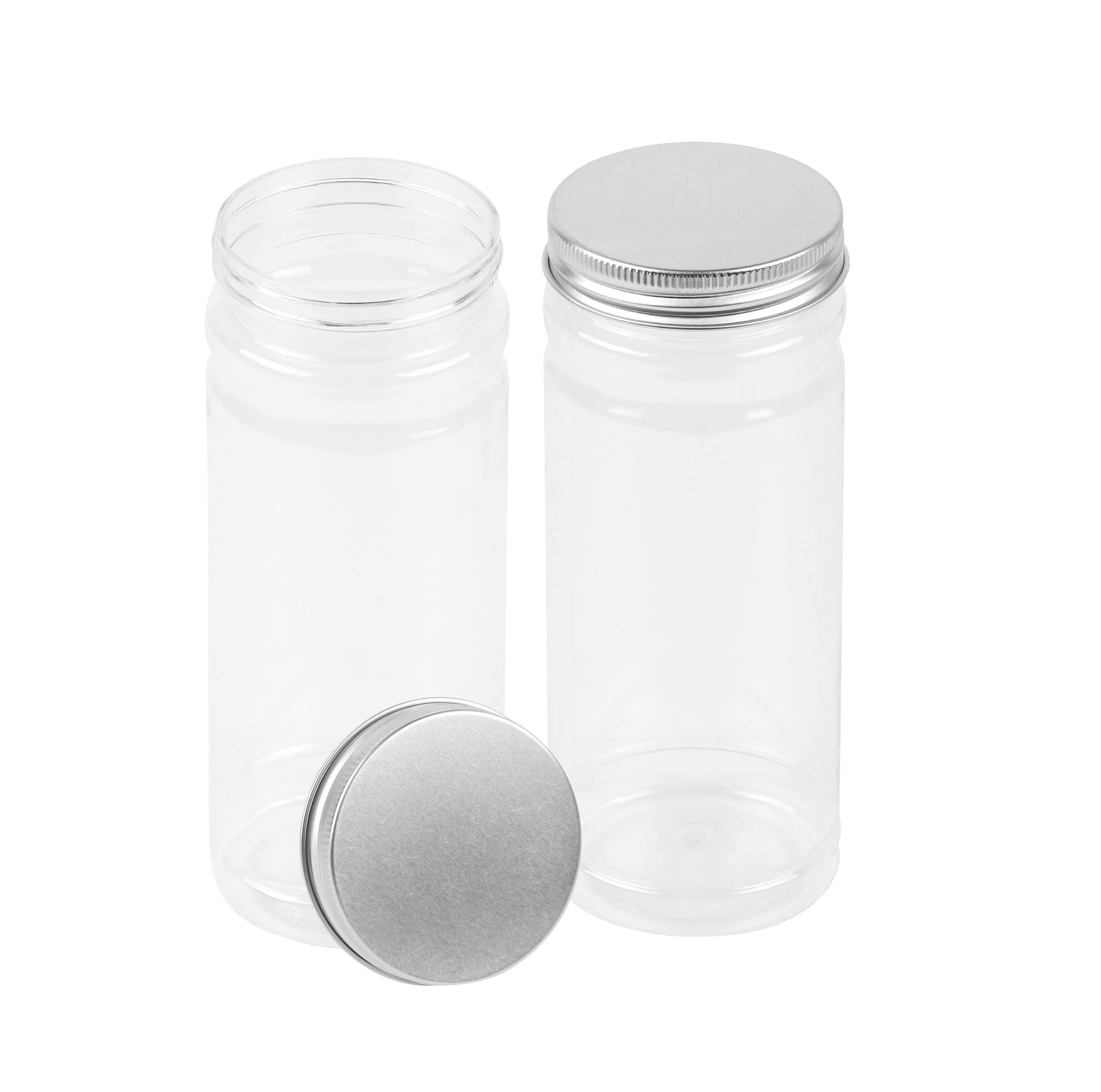 Photo 1 of CABAX 12oz Clear Plastic Jars with Silver Lids, 350ml Round Food Storage Containers for Dry Goods, Cereals, Spices and More for Home Kitchen Storage, Pack of 2