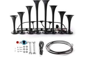 CENZHIWEN Train horn kit, used for train horns on trucks/cars. 8 Air horn, super loud dB. Suitable for 12V vehicles, such as semi-automatic driving/pickup trucks/RVs/SUVs, etc. (black) (12V)