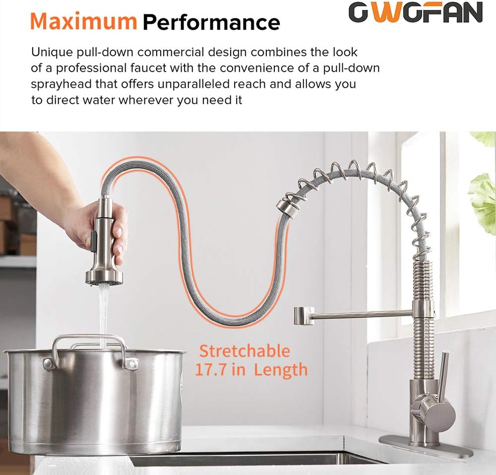 OWOFAN Pull Out Kitchen Faucet Low Lead Commercial Single Handle Pull Down Sprayer Spring Kitchen Sink Faucet, Brushed Nickel Kitchen Faucets with Deck Plate 866055SN - - 