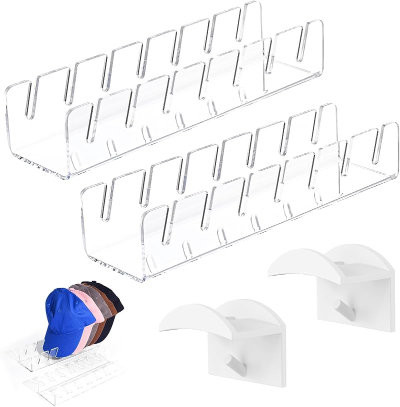 Katslyn 2pcs Acrylic Hat Holder Stand for 14 Caps Storage Organizer with Hooks