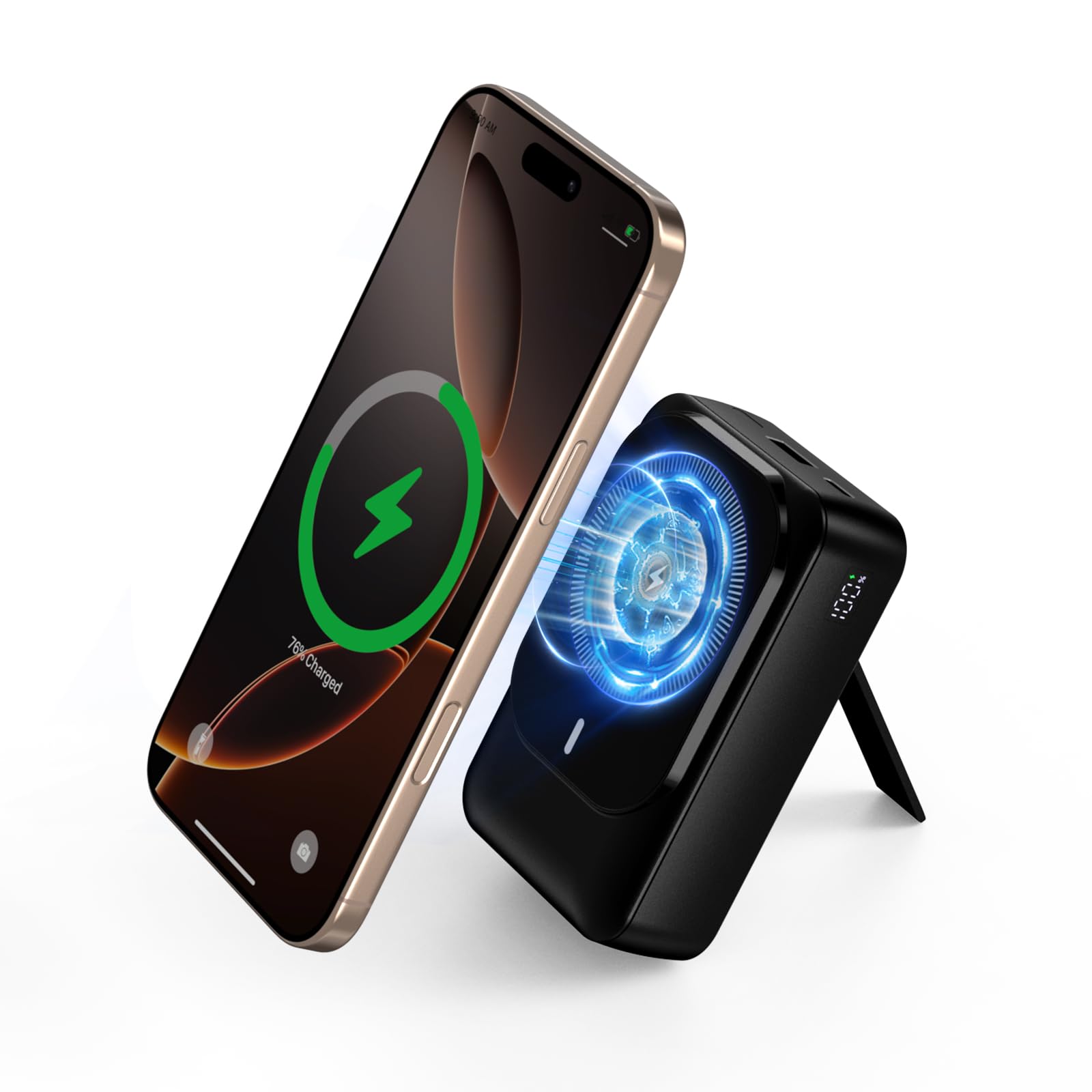 Magnetic Wireless Power Bank 26800mAh, PD 22.5W Type-C Fast Charging Portable Charger 5 Outputs, Battery Pack Built in Cables with Stand LED Display for iPhone 16/15/14/13/12 Series-Deep Black