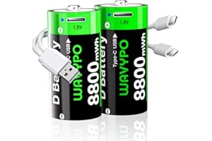 WAVYPO Rechargeable Lithium D Batteries 2 Pack, 8800mWh High Capacity D Cell Batteries with 2 in 1 USB-C Charging Cable