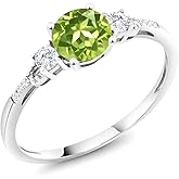 Gem Stone King 10K White Gold Green Peridot White Created Sapphire and White Diamond Accent 3-Stone Engagement Ring For Women (1.00 Cttw, Round 6MM, Gemstone August Birthstone)