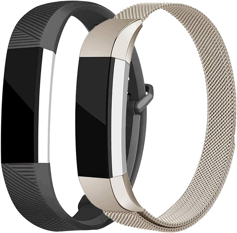 AKALE Replacement Bands Compatible for Fitbit Alta/Alta HR, Stainless Steel Metal Strap and Extra Silicone Replacement Bands (Champagne Gold + Black Small)