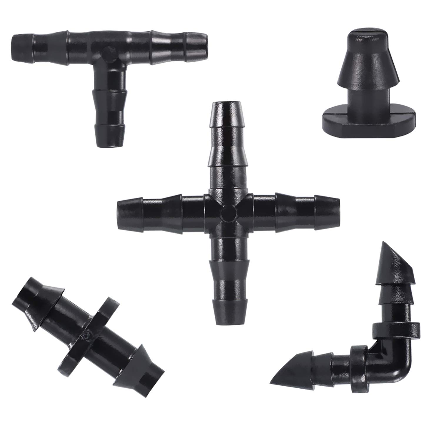 Kalolary 250pcs Irrigation Fittings Kit, Drip Irrigation Barbed Connectors for 1/4-Inch Tubing Garden Flower Lawn (90 Straight Barbs + 70 Tees + 30 Elbows + 30 End Plug+ 30 4-Way Coupling)