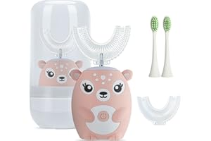 JIANLEJIA Kids Electric Toothbrushs U Shaped sonic Automatic Toothbrush with 4 Brush Heads, Six Cleaning Modes,Cartoon deer Modeling , full mouth toothbrush for baby