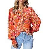 Dokotoo Womens Summer Tops Casual Easel Flowy Print V Neck Long Sleeve Smocked Button Up Blouses Tshirts for Women 2026 Fashion Fall Trendy Work Business Boho Top Small Orange
