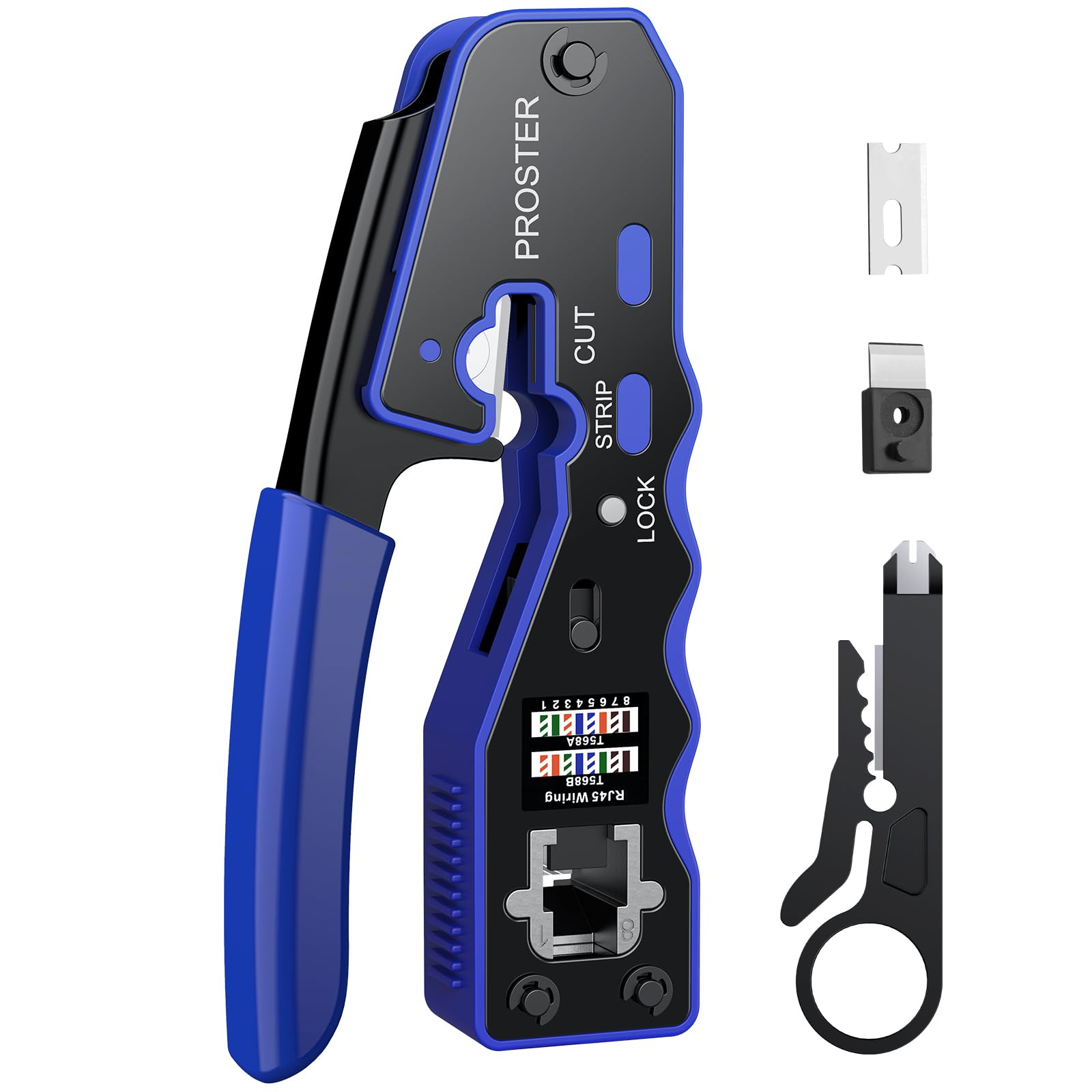 Proster RJ45 Crimp Tool - 3 in 1 Ethernet Crimping Tool Pass Through RJ45 Crimper for RJ45 Cat5/5e Cat6/6a Connector with Wire Stripper RJ45 Crimping Tool - 8P8C