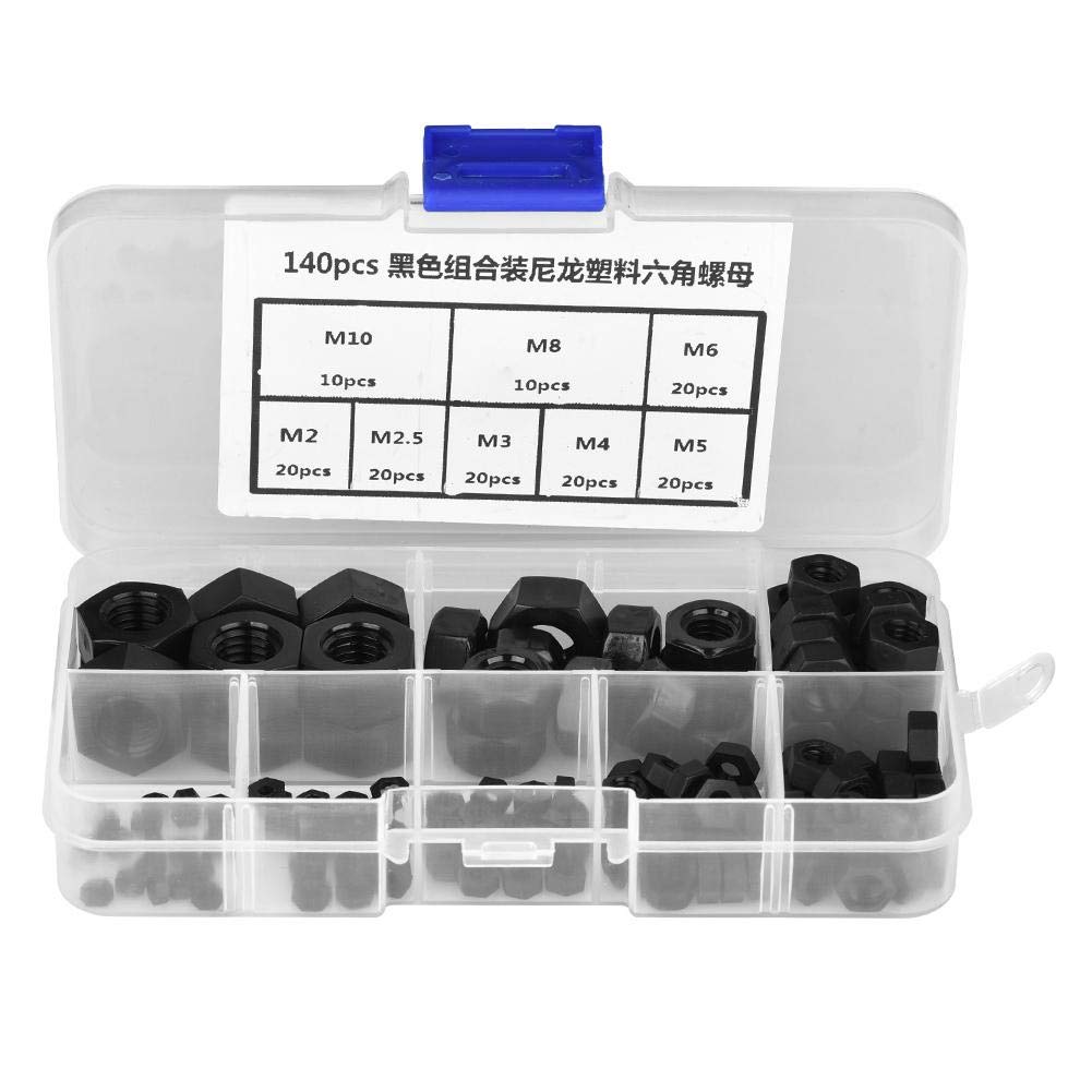 Hexagonal Nut, Akozon Hex Nut, 140pcs M2/ M2.5/ M3/ M4/ M5/ M6/ M8/ M10 Thread Nylon Plastic Hex Hexagonal Nuts (Black)