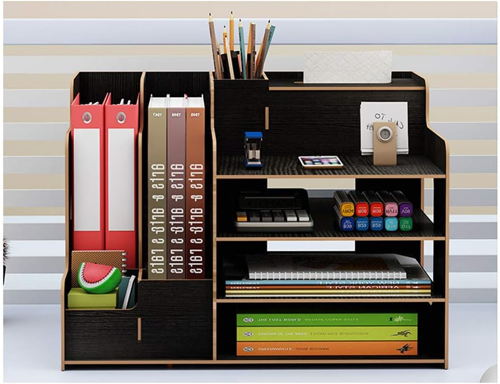 Hggzeg Wooden Desk Organizer, Large Capacity DIY Office Supplies Storage Box File Rack Paper Document Magazine Holder Sorter (Black) - Image 4