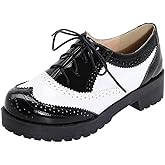 Agodor Women's Lace up Wingtip Oxford Shoes Chunky Heel Platform Vintage Round Toe Brogue Shoes White US7.5