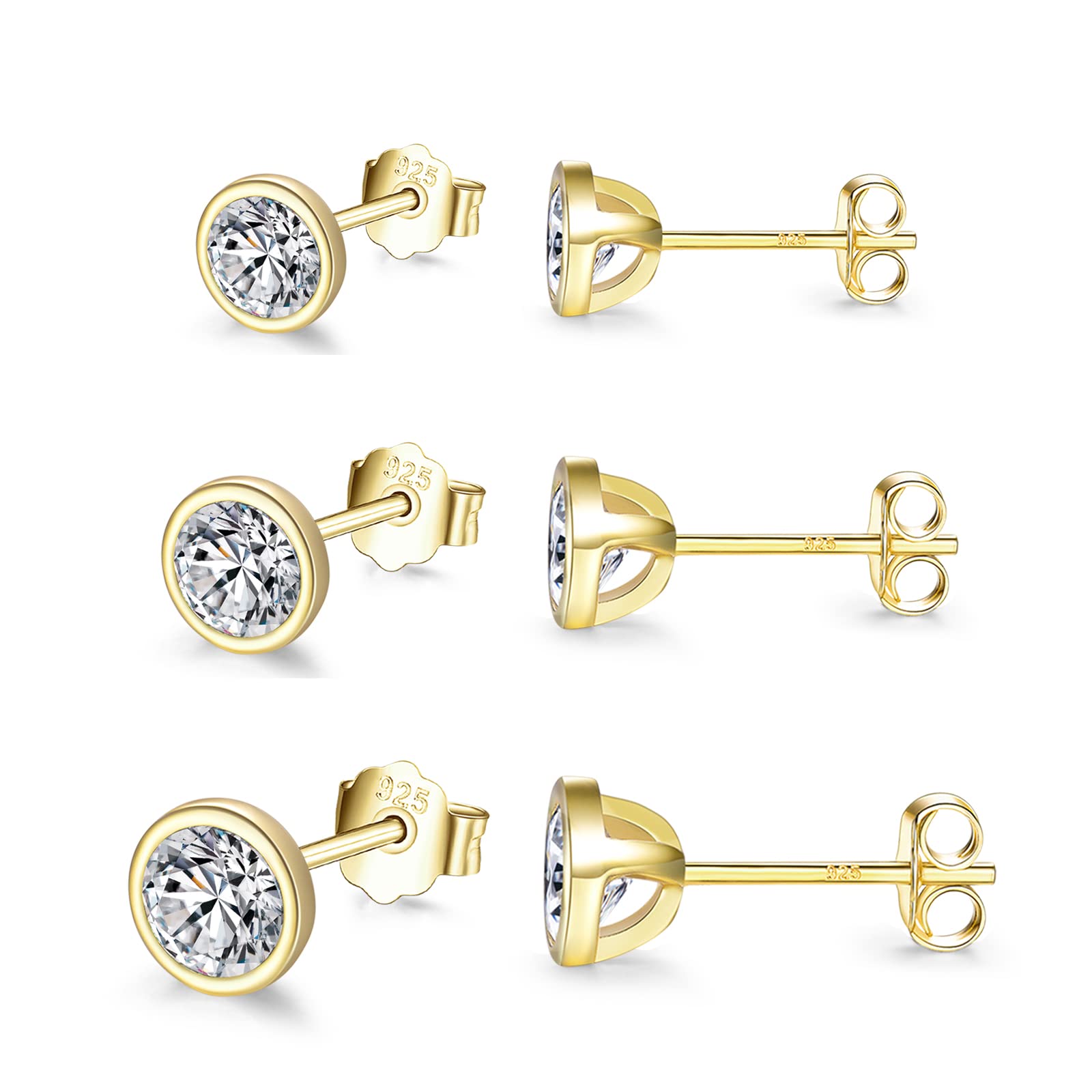 wynn's Silver Stud Earrings for Women, 3 Pairs 925 Sterling Silver Stud Earrings, Gold Round Cubic Zirconia Stud Earrings Set, Tiny Small Sleeper Cartilage Studs for Men Girls Kids (3,4,5mm)