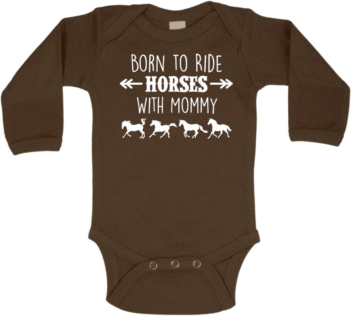 Equestrian Creations Born To Ride Horses With Mommy Long Sleeve Onesie, Horse Clothing For Baby by (12-18 Months, Brown)