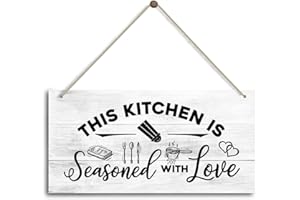 HILUS This Kitchen Is Seasoned With Love Sign, Funny Rustic Kitchen Decor for Counter, Farmhouse Kitchen Sign, Kitchen Decoration for Kitchen Wall Decor, Kitchen Counter Decor (12" x 6" x0.12" inch)