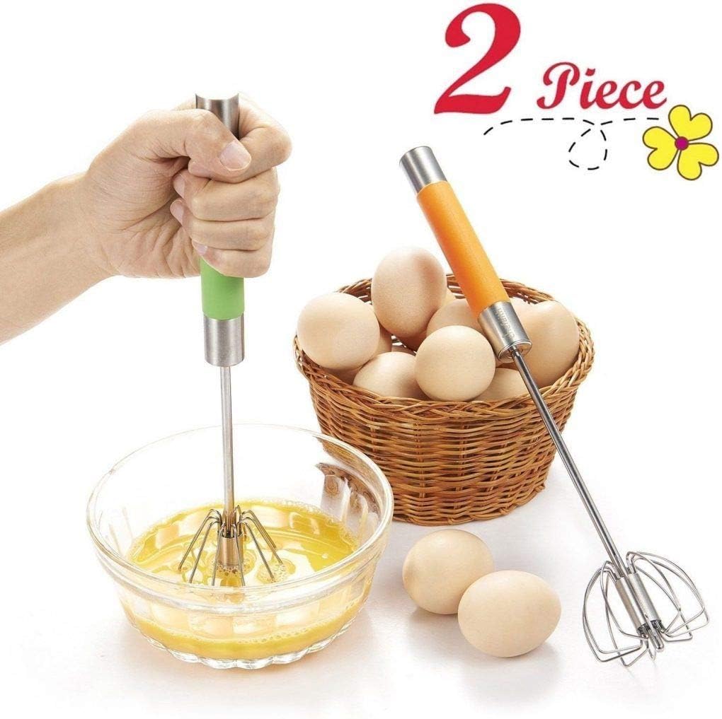 Chefaith 2-Pcs 12" Stainless Steel Hand Push Whisk [Self Rotating] [Semi-Automatic] - Premium Quality Kitchen Whisk Set, Bulletproof Coffee, Lattes, Versatile Egg Beater, Milk Frother, Blender, Mixer