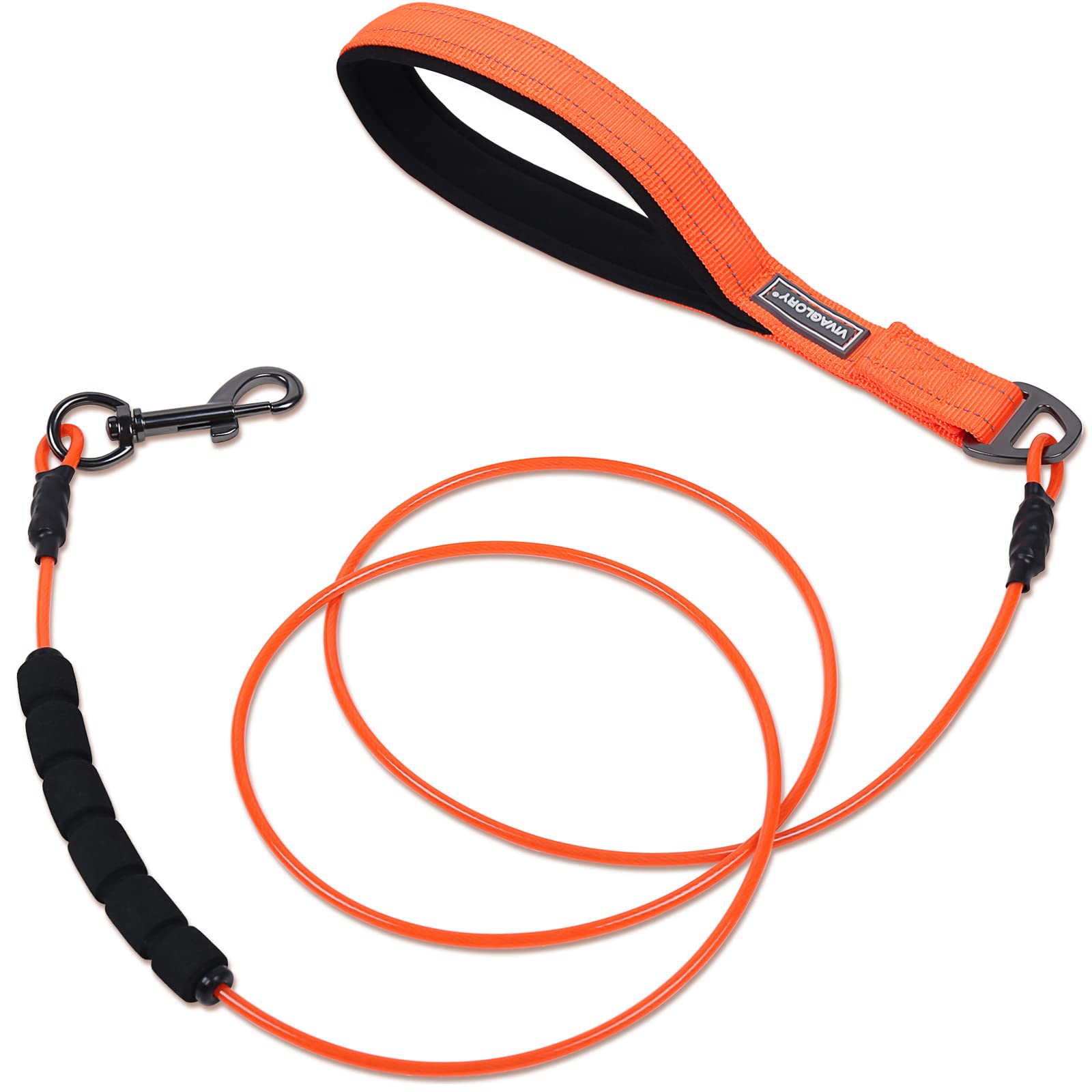 VIVAGLORY Chew Proof Dog Lead Toughbite Anti Chew Dog Lead, Leash with Traffic Handle & Double Handle for Training & Walking, Non Chewable Metal Chain Waterproof for Pet Puppy, 180cm, Orange
