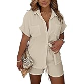 OPOIPIN Women's 2 Piece Outfits Short Sleeve Button Down Shirts Top High Waist Shorts Set Tracksuit