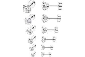 ORAZIO 6-8 Pairs 18G Stainless Steel Ear Stud Piercing Barbell Studs Earrings Round Cubic Zirconia Inlaid Cartilage Earring