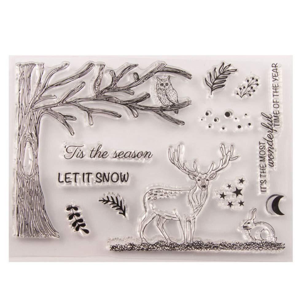 Merry Christmas Tis the Season Elk Deer Tree Owl Stars Clear Stamps for Christmas Cards Making Decoration and Scrapbooking Rubber Stamps for Craft