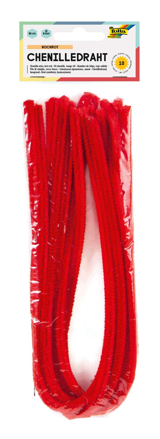 folia 77820 - Chenille Wire, Pipe Cleaners, Pack of 10 in Bright Red, Diameter 8 mm and 50 cm Long, Ideal for Children for Crafts and Design Animals, Figures and Other Shapes