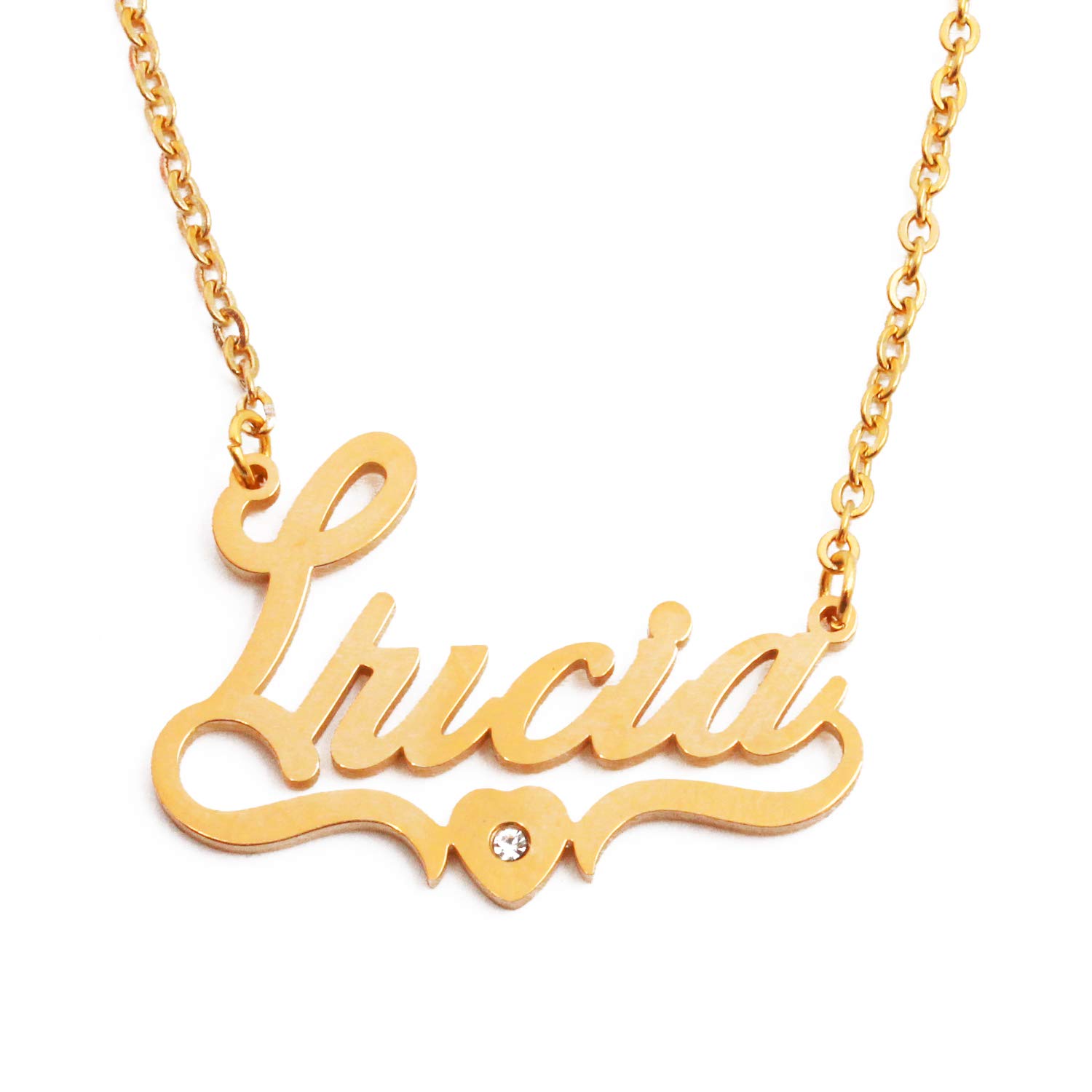 Kigu Lucia Name Necklace Heart Shaped Personalised Gold Plated, Custom Dainty Name Pendants, Jewellery for Ladies, Girlfriend, Mother, Sister, Friends Inc Bag & Box