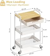 KINGRACK 3 Tier Storage Trolley on Wheels White with Wooden Top view 2