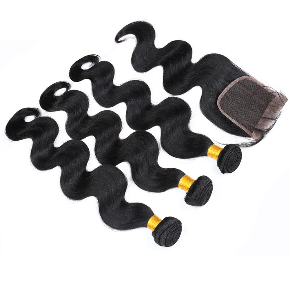 Urshiney Body Wave Human Hair Bundles With Closure for Women Brazilian Virgin Hair Weave Bundles Human Hair Body Wave Free Part 4x4 Lace Closure Natural Black Can Be Dyed 22 24 26+20 Inch