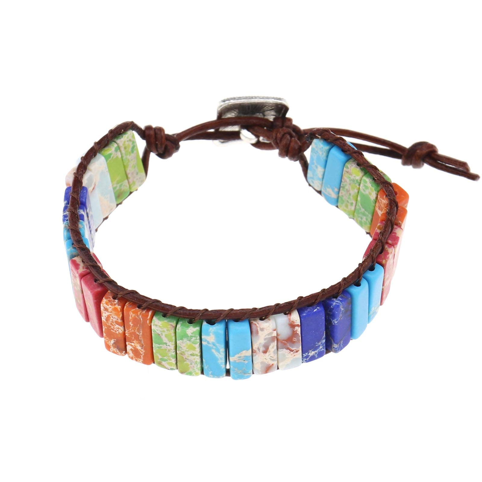 OTOTEC Chakra Bracelet 7-Colour Handmade Natural Chakra Stone Beads Bracelet Genuine Leather Rope Handmade 23cm Overall Length Single Layer for Womens Girls