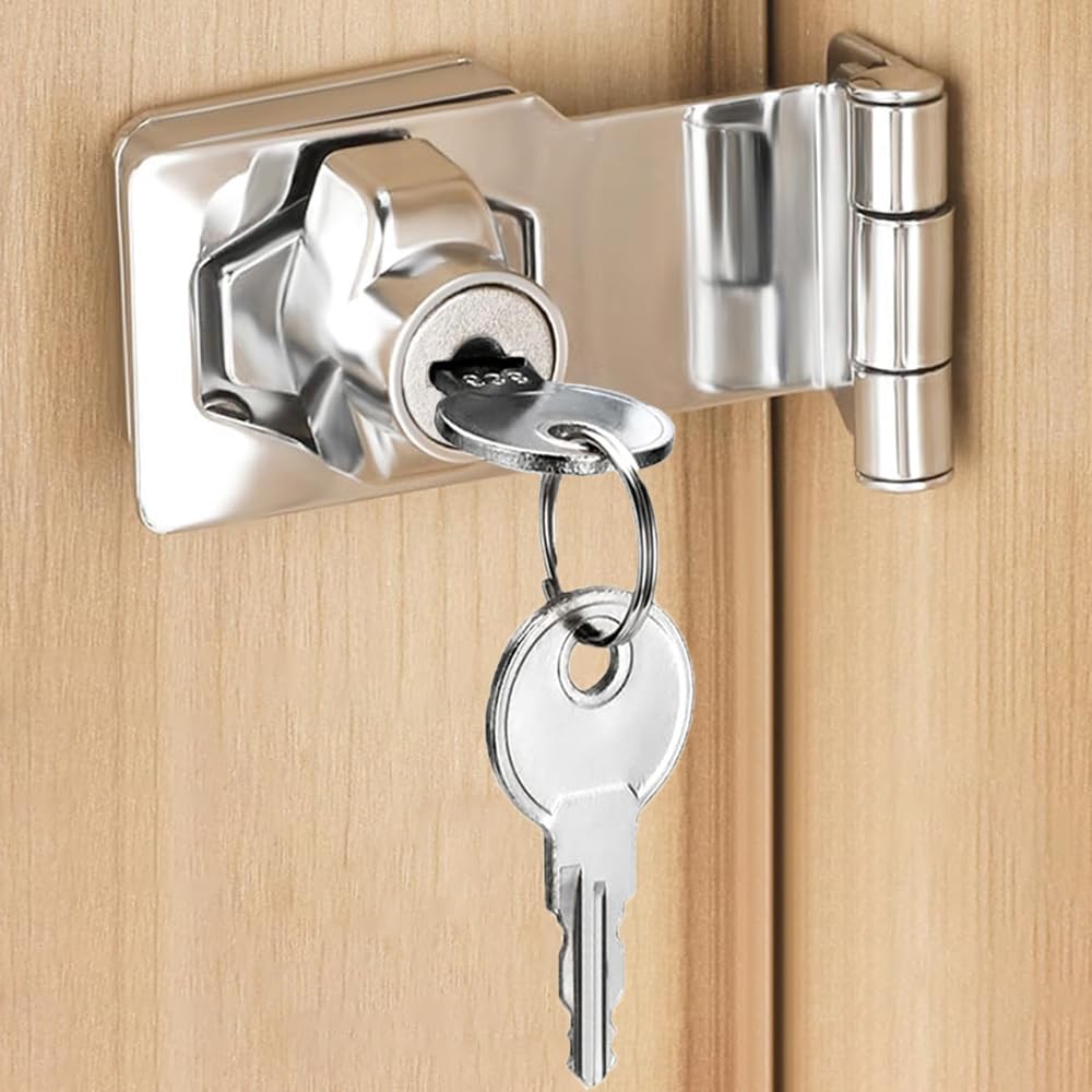 ZiYuya Keyed Hasp Lock and Staple with Padlock, Twist Knob Keyed Locking Hasp Right Angle 90 Degree Door Latch Bolt Lock Hasps for Shep Cabinets Cupboard Drawer Gate 3 Inch