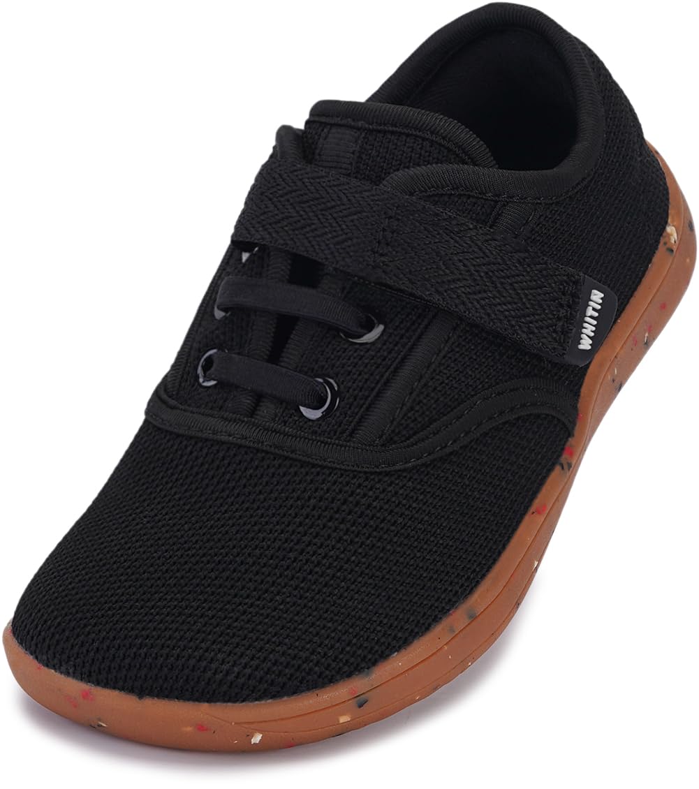 Photo 1 of WHITIN Toddler Wide Toe Box Barefoot Shoes for Boys Girls Minimalist Sneakers Zero Drop Sole Size 7 Walking Knit Jogging Gym Tennis Kid Fitness Lightweight Black 24