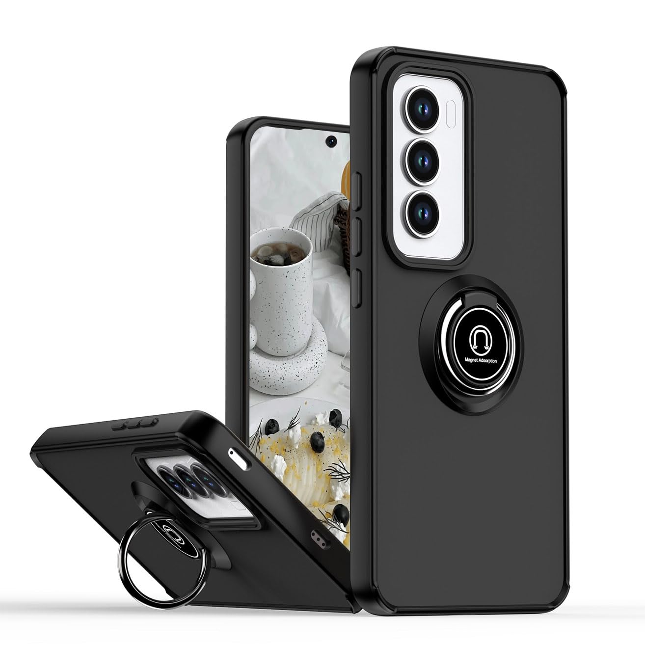 YUEQIAN Case for Oppo Reno12 Pro 5G (Reno 12 Pro 5G), 360°with Rotation Finger Ring Magnet Car Holder Shockproof Case, Matte Hard PC + soft TPU Dual Bumper Anti-Drop Cover, Black