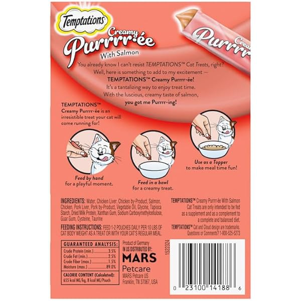 TEMPTATIONS CREAMY PUREE SQUEEZABLE LICKABLE CAT TREATS, WET CAT TREATS WITH SALMON, 0.42 OZ. TUBES, 16 COUNT