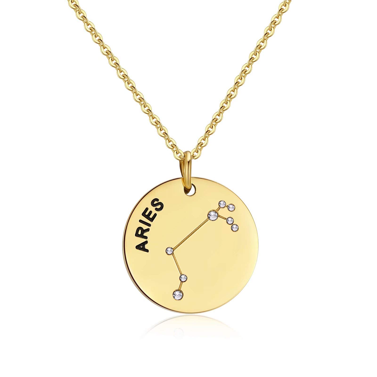 Qings Aries Zodiac Exclusive Gold Plated Necklace Horoscope Constellations Disc Sparkling Zircon Pendant Adjustable as Gifts for Women and Girls
