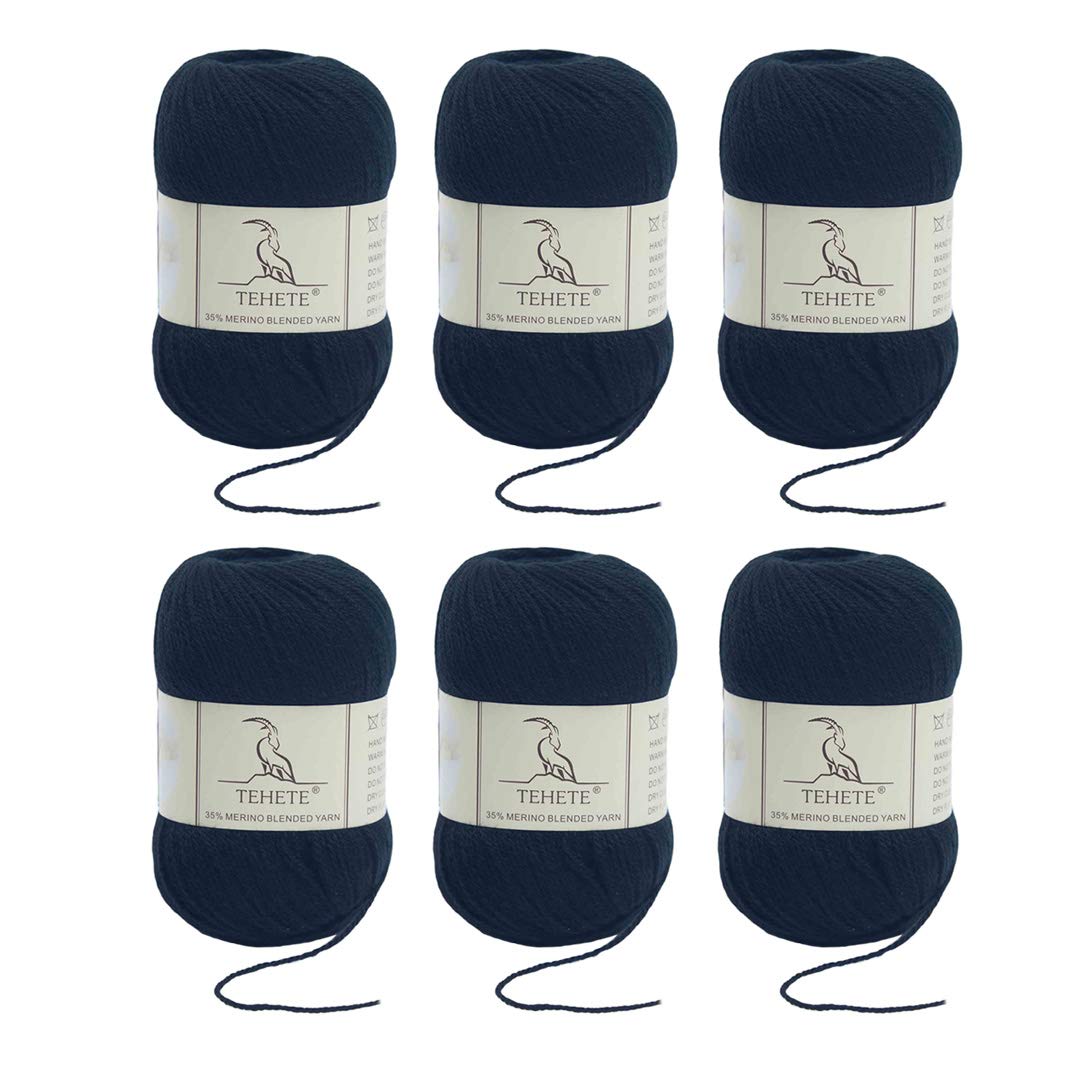 TEHETE Merino Wool Yarn for Knitting and Crochet 6x50g 35% Merino Blended Yarn 3ply Soft, Set of 6-Black