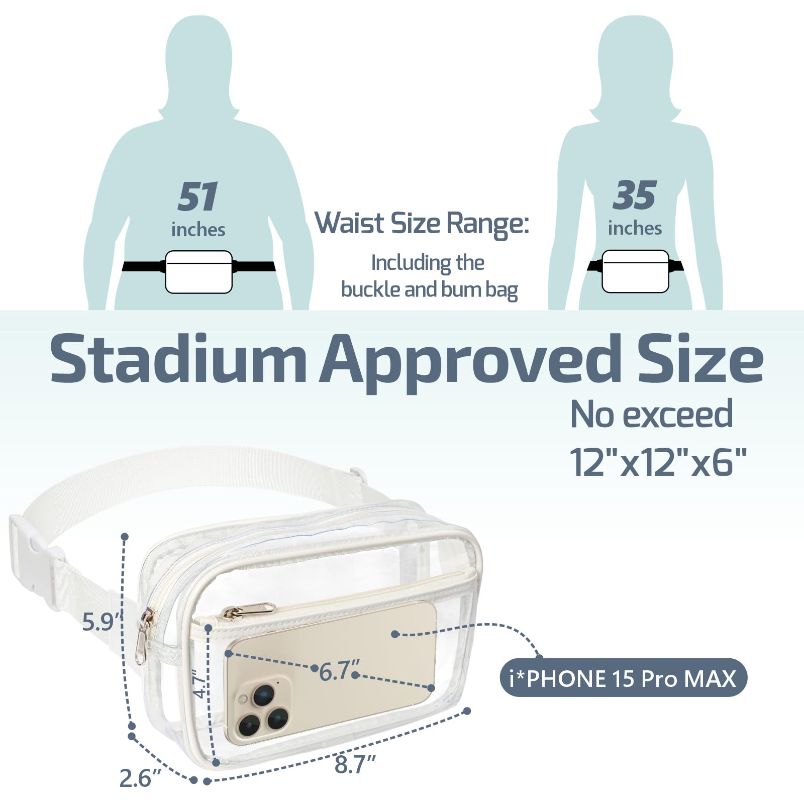 Veckle Clear Fanny Pack Stadium Approved - Clear Bag for Stadium Events Large Belt Bag for Women Transparent Waist Bag Crossbody with Adjustable Strap for Sports Concerts, White