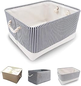 Mangata Caja de Almacenamiento de Tela, Cesta de Almacenamiento de Lona Engrosada Plegable con Asas de Cuerda para Ropa, Juguetes (Rayas Azules, Medium) 
