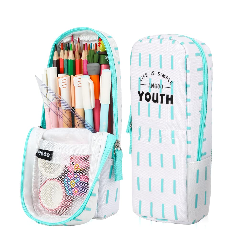 iSuperb Standing Pencil Case Aesthetic Large Capacity Pen Pouch with Zipper Canvas Pencil Holder Portable Pen Bag Cell Phone Stand Stationery Organizer for School Supplies(Blue)