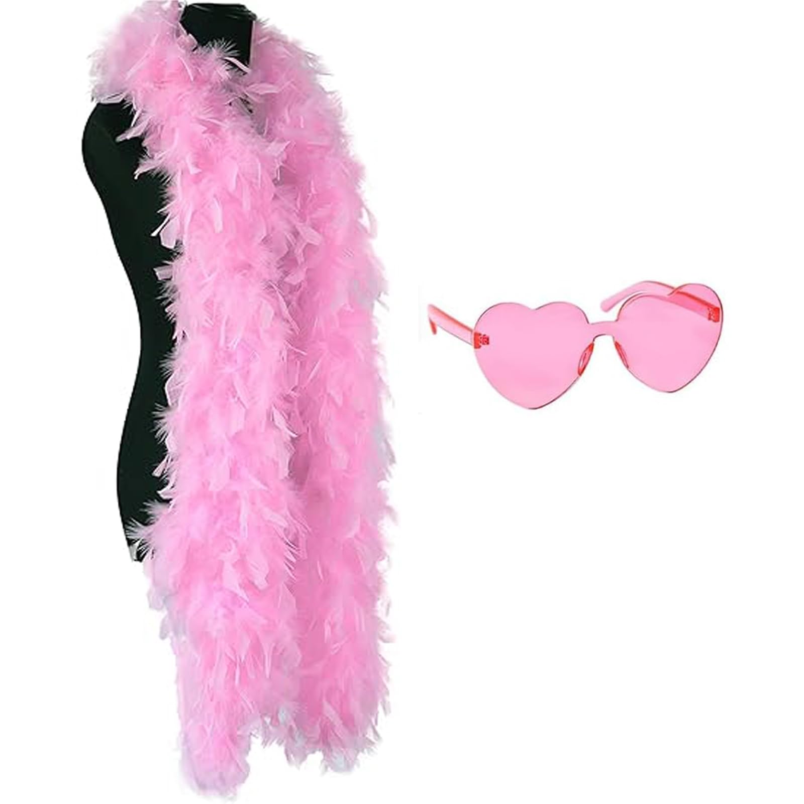 JNGTKL Pink Feather Boa, 2m, Suitable For Dancing, Wedding Parties, Cosplay, Halloween, Christmas, With Heart Rimless Sunglasses
