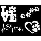 Paw Decals 4 Pack: Dog Paws, Love with a Paw, Paw Heartbeat, Paw Prints (White, Small ~3.5")